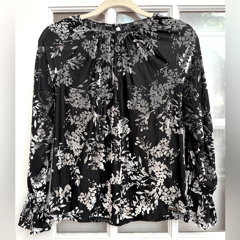 Badgley Mischka Designer Black & Gray Floral Velvet Burnout Blouse Size Small S